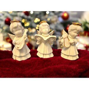 Vintage Set of 3 White and Gold Porcelain Angels with Instruments 4"